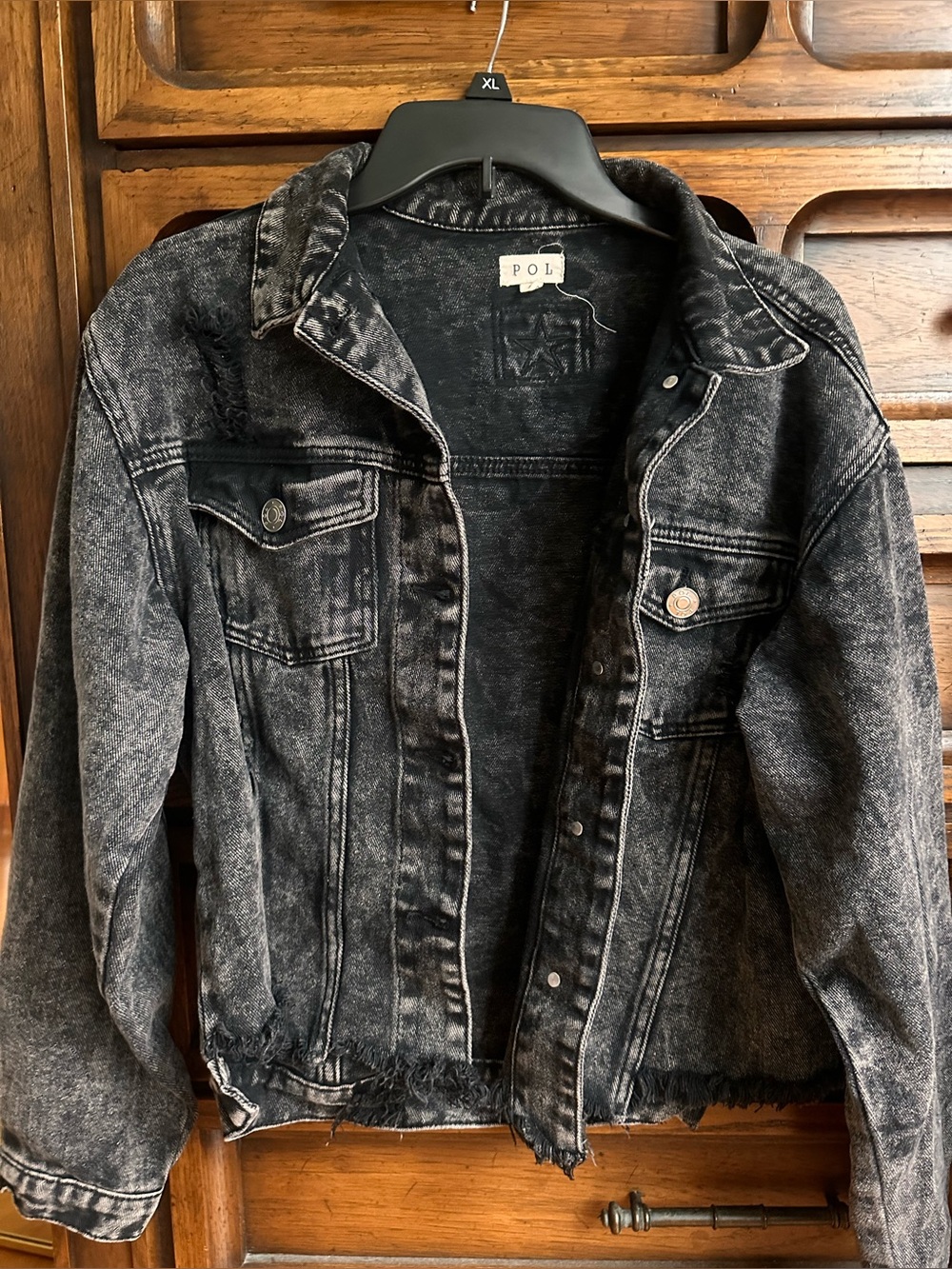 POL Distressed Denim Jean Jacket in Black